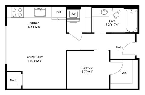 Floor plan for 1 bed, 1 bath, 538 sqft